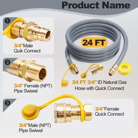 24FT 3/4" ID Natural Gas Hose with Quick Connect, 3/4" outdoor Natural Gas Hose with natural gas quick connection, Compatible with NG/LP Propane natural gas conversion kit, Generators, Grill