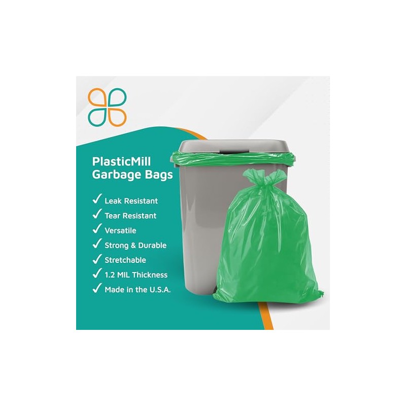 PlasticMill Heavy Duty Trash Bags - Green Garbage Bags -