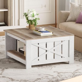 DWVO Square Coffee Table for Living Room, Farmhouse Coffee Table with Storage, 2-Tier Wood Coffee Tables Center Table with Half Open Storage Compartment, Grey Wash