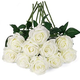 10 Rosas Artificiales de Seda Blanca, Tallo Largo para Hacer Bricolaje Ramo de Boda, Mesa de Centro de Mesa para decoración del hogar