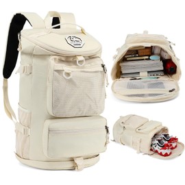 Solid color gym duffel bag backpack, wrestling bag,with shoe compartment, 4 kinds of back method waterproof travel sports walking laptop Lightweight（B-Sea Salt White）