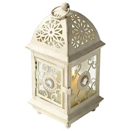 Lanterna decorativa per candele, stile vintage, altezza 21 cm, per candele a LED, lanterne in metallo per candele, feste, matrimoni (bianco con spazzola dorata)