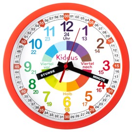 Kiddus Children's Wall Clock, Boys and Girls, Analogue Learning Clock with Time Learning Exercises, Children's Wall Clock Without Ticking, Children's Room Silent, School, Clock Hands German