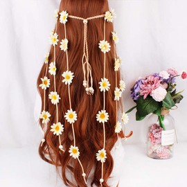Flower Headband Hippie Sunflower Hairband Floral Crown Bohemian Hair Bands Women Girls Boho Hair Hoop Headdress Headwear Headpiece Party Decoration Cosplay Costume Cute Handmade Hair Accessories Beige