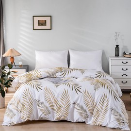 Tropical Palm Leaf Duvet Cover Set, Nordic Simple Design 3 Piece Modern Tropical Rain Forest Plant Gold Palm Leaves Pattern Bedding Sets Bohemia Tribal Style Double Size Duvet Cover with 2 Pillowcase