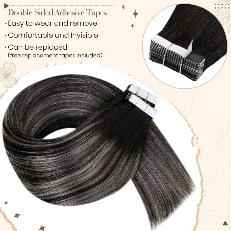 Hetto Remy Real Hair Tape-In Extensions, Balayage, Black with Grey,