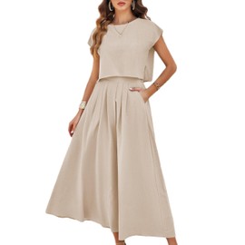 Mingzhu Womens 2 Piece Outfits Skirt Set Summer Casual Cap Sleeve Crop Tops Maxi Dress Sets with Pockets(0919-Khaki-M)