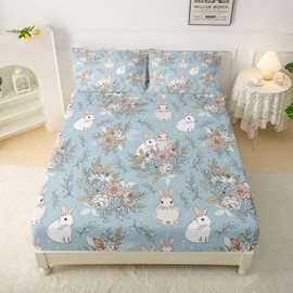 QOOMO Cute Animal Bunny Microfiber Flat Fitted Sheets Set for Children Beautiful Flowers Plants Kids Sheets Kawaii Rabbit Soft Kids Bedding Set Twin Size 1 Fitted Sheet, 1 Flat Sheet, 2 Pillow Cases