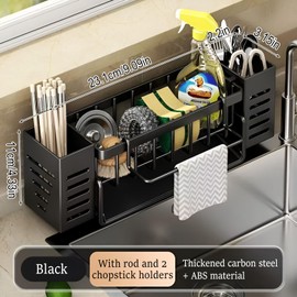 dancepandas Sink Organiser, Stainless Steel Kitchen Organiser with Self-Draining Drain Tray, No Drilling, with 2 Baskets, Hanging Rinse Agent and Holder, Cloth Holder (Black)