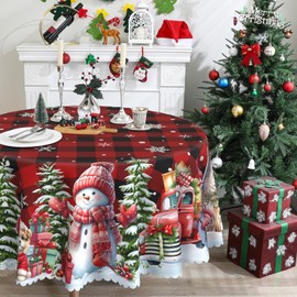 CUSUGBASO Round Christmas Tablecloth 70 inches - Red Plaid Snowman Christmas Decorations for Home - Water Resistant Christmas Table Cloth - Xmas Truck Holiday Christmas Decor for Table, Party