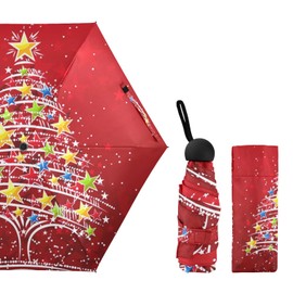 Oyihfvs Colorful Christmas Tree On Red 5 Folding Ultra-Light Umbrella, Small Mini Anti-UV Compact Travel Umbrella, 6 Ribs Pocket Windproof Foldable Vinyl Parasol
