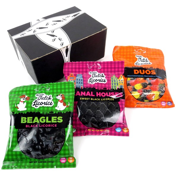 Gustaf's Gluten Free Dutch Black Licorice 3-Flavor Variety: One 5.29 oz Bag Each of Beagles, Canal Houses, and Duos in a BlackTie Box (3 Items Total)