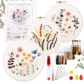 YINVA Beginner Embroidery Set, Floral Pattern, Plants, Cross Stitch Kit, Starter Tools Kit with 3 Pieces, Plastic Embroidery Hoops, Coloured Threads and Tools, for DIY Art, Crafts, Sewing