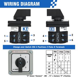 KEYMOO 20A Black Rotary Changeover Switch with Box, 3-Way 1 NO 1 NC, 660V 8 Terminals, Universal Selector Switch with Fork Terminals, IP65 (4 Positions 2 Poles - Black
