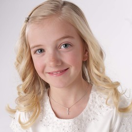 Precious Pieces Girl's Sterling Silver CZ Cross Necklace for First Holy Communion Gift