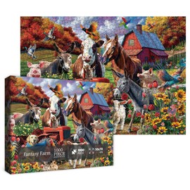 Magic Fall Farm Animal Puzzles for Adults 1000 Pieces Nature, Fantasy Autumn Landscape Art Jigsaw Puzzles, Funny Puppy Bird Cat Cow Puzzle