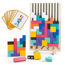 Wooden Puzzle Building Blocks, 42 Pieces 10 Cards Montessori Toy Geometric Shapes Assignment Game, Educational STEM Learning Gift for Children from 3+, Puzzle Game for Logical Thinking Non-Toxic