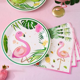 WERNNSAI Flamingo Plates and Napkins Set - Serves 50 Guests 100 PCS Hawaiian Luau Party Supplies Disposable Tableware Set Dinner Luncheon Plates Napkins for Birthday Baby Shower Wedding Party