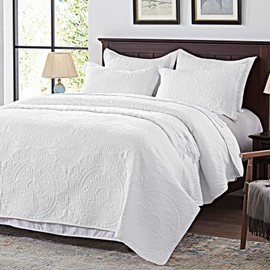 Anluoer Quilt Twin Size Bedding Set-White Embossed, Bedspreads-Lightweight Summer Soft Microfiber Bedspread, Bed Coverlet for All Seasons (1 Quilt, 1 Pillow Sham)