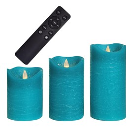 CANDLE CHOICE Real Wax Battery Operated Flameless Candles with Remote Automatic Daily Cycle Timer Realistic Flickering Electric LED Pillars Wedding Party Holiday Decorations 3 Pack Rustic Texture Teal