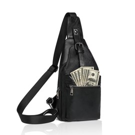 Crossbody Sling Bag for Women Men Small Cross Body Purse Anti Theft Fanny Pack Waterproof Vegan PU Leather Backpack Trendy Daypack Chest Bag for Travel Sports Running Hiking with Guitar Strap,Black