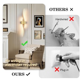 KARTOOSH Battery Operated Wall Sconces with Remote Control, Dimmable/3 Colors/Night-Light/Timer/Memory, Gold Modern Wireless LED Sconce for Living Room, Hallway, Bedroom, 39.3 Inch (1 Pack)