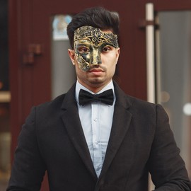 Oidea Masquerade Mask for Men: Retro Phantom of The Opera Mask with Black Bow Tie Costume One Eyed Half Face Mask, Gold