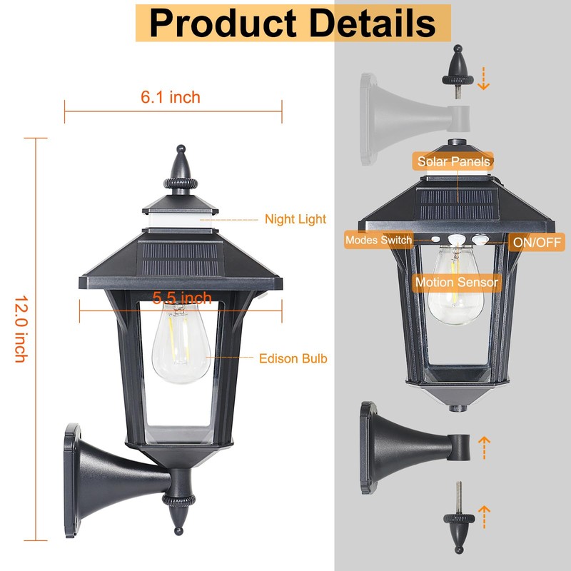 2 Pack Solar Wall Lantern Lights Outdoor with 3 Lighting
