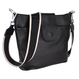 MIRROSI® Women's Shoulder Bag, Genuine Leather, Made in Italy, Boho Style, 30 x 24.50 x 9 cm (W x HXT), Lots of Storage Space, Handbag, Chest Bag, Crossbody Bag (1 Bag & 2 Straps), Black (plain