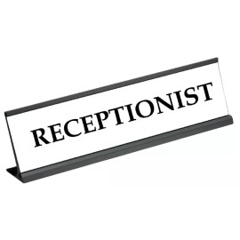 Unbranded OFFICEDESK PLATE NAMEPLATE BLACK METAL HOLDER PLASTIC ENGRAVED INSERT  2" x 8"