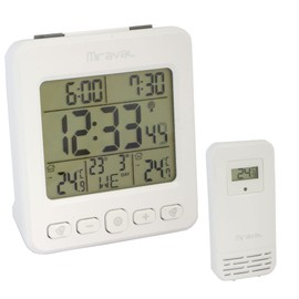 Miraval LCD Funk-Wetterstation mit Außensensor Wecker Funkuhr Kalender Datum 2 Alarme Bleuchteter Display (Weiß)