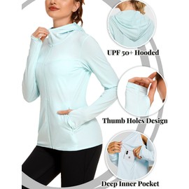 COOrun - chamarra con capucha para mujer, con protección solar UPF 50+, ligera, con cierre completa, con agujeros para el pulgar, Azul traslúcido, M