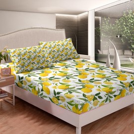Castle Fairy Lemon Bed Sheet Set Queen Size,Tropical Fruit, Fitted Sheet 4Pcs Deep Pocket,Farmhouse Botanical, Soft Microfiber Bedding Set Breathable Flat Sheet for Boys Girls Teens,Yellow