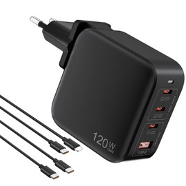 USB C Ladegerät Stecker 120W, 4 Port 3 USB C +1 QC 3.0 Unterstützung 100W Mac Book Pro GaN Schnellladegerät, Tragbarer Multiport USB C Laptop USB Ladestecker mit Ladekabel für MacBook, Tablet, Handy