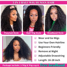 Curly Half Wig Human Hair 200% Density 3 In 1 Seamless Flip Over Half Wigs Human Hair Glueless Wear and Go Beginner Friendly Water Wave Half Wig Human Hair Drawstring Headband Wig for Women 24 Inch