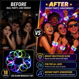 18-Pack LED Light Up Bracelets for Party Favors – Flashing Glow Wristbands for Birthdays, Concerts & Events