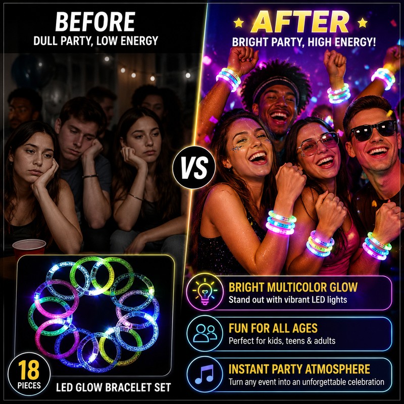 18-Pack LED Light Up Bracelets for Party Favors – Flashing