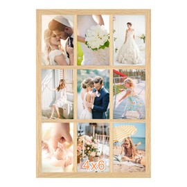 MOUDAMION 4x6 Oak Wood Picture Frames Collage Wall Decor Natural Woodgrain, Solid Oak Wooden Family Photo Collage Frame 9 Openings, Glass Front, Wall Hanging Display 9 4x6 Pictures