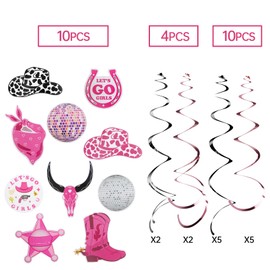 Western Cowgirl Party Hanging Decorations, Disco Birthday Party Decor Supplies - Hot Pink Happy Birthday Banner, Hanging Swirls for Bachelorette
