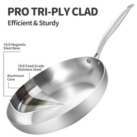 LOLYKITCH 8.5-12 Inch Tri-ply Stainless Steel Frying Pans Set with a Lid,Skillets,Induction Cooking Pans,Pots and Pans Set,Dishwasher and Oven Safe,Riveted Handle.