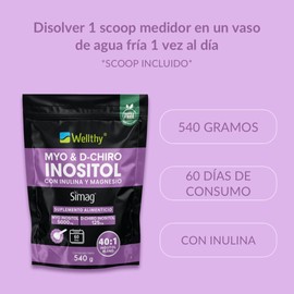 Wellthy Myo & D-Chiro Inositol Polvo 540g con Inulina, Magnesio Marino. Mezcla óptima 40:1 5000mg Myo Inositol, 125mg D-Chiro Inositol, Magnesio 330mg. 100% Naturales, Gluten Free, Sugar Free, Vegan.