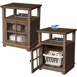 HIFYOBRO End Table with Wireless Charging Station Set of 2 for Living Room, Square Side Tables Set of 2,Nightstand with Storage for Bedroom,Dark Walnut