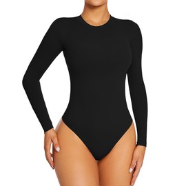 Yaavii Body Women's Short Sleeve Long Sleeve Shaping Bodysuit with Crew Neck for Women Shapewear Thong, #01 Black-Long Sleeve