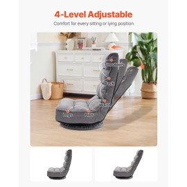 VEVOR Swivel Floor Gaming Chair, 360-Degree Rotating Floor Chair with 4 Adjustable Position Folding Backrest and Lumbar Support, Folding Video Reclining Sofa for Watching TV Reading Playing Game, Gray
