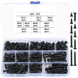 Pack of 265 M5 Self-Tapping Screws, Wood Screws Assortment Set, Tapping Screws Flat Head Screws, Phillips Screws, Furniture Drywall Screws Set for Plastic Wood - Black (265)
