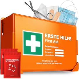 Erste Hilfe Kasten nach neuer DIN 13157:2021 inkl. Wandhalterung & Aufklebern|Universal Erste Hilfe Koffer f√ºr Betrieb, Haushalt oder Gastronomie - B√ºro Verbandskasten gef√ºllt, Sanikasten