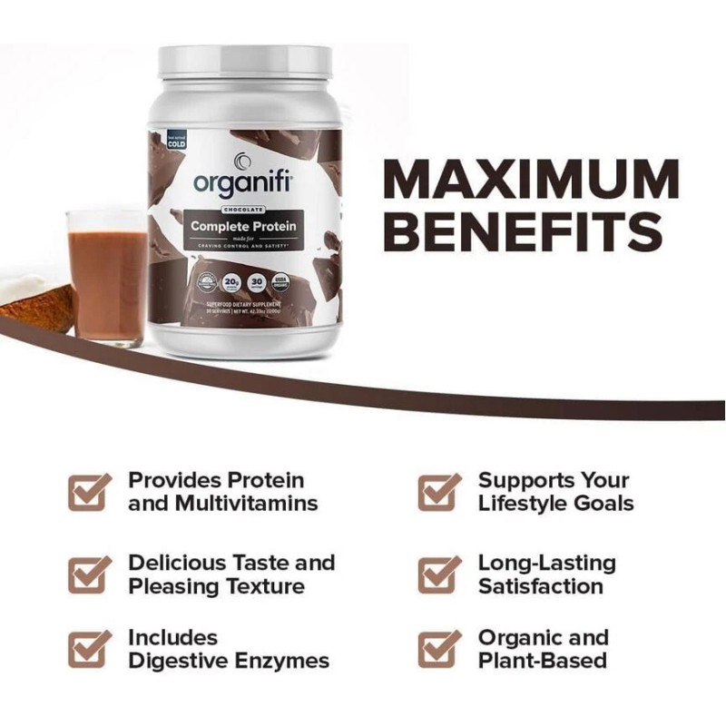 Organifi Complete Protein Chocolate Flavor- Organic Vegan Plant Based- 30