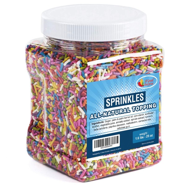 All NATURAL Sprinkles Rainbow - Rainbow Sprinkles with NO ARTIFICIAL COLORS - Carnival Sprinkles in Resealable Container, 1.6 LB Bulk Candy