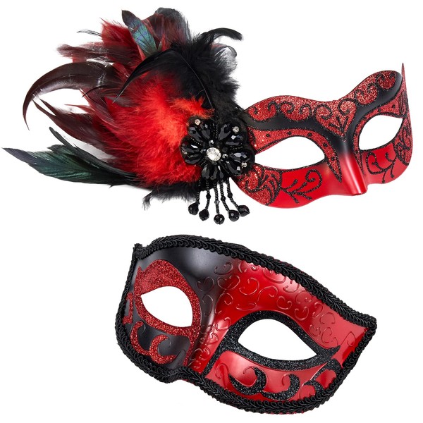 MYSEUNI Venetian Mask for Couples with Feathers, Red Masquerade Mask