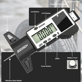 GODESON Digital Tire Tread Depth Gauge, Solar & Battery Power,1" / 25.4mm Range, Inch/MM Display, Black Universal Tire Wear Depth Gauge for All Vehicles (Car, Truck, SUV)